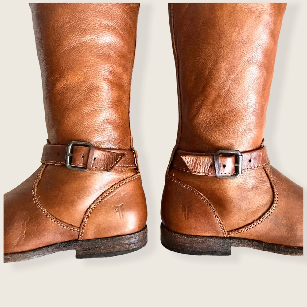 Frye Phillip Riding Knee High Cognac Real Leather Tall Buckle Vintage Low Boots - Picture 11 of 14